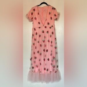 Pink Tulle Dress with Strawberry Sequin Embroidery